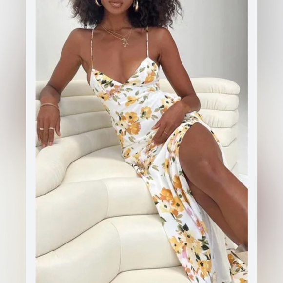 Princess Polly Yellow Floral Maxi Dress Open Back Tie Strap Slip Dress Size 2 - Picture 3 of 10